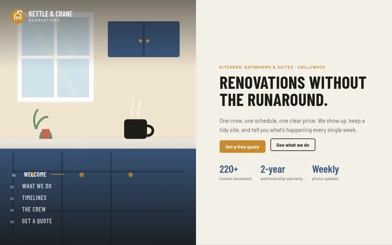 Preview of the Kettle & Crane Renovations sample website