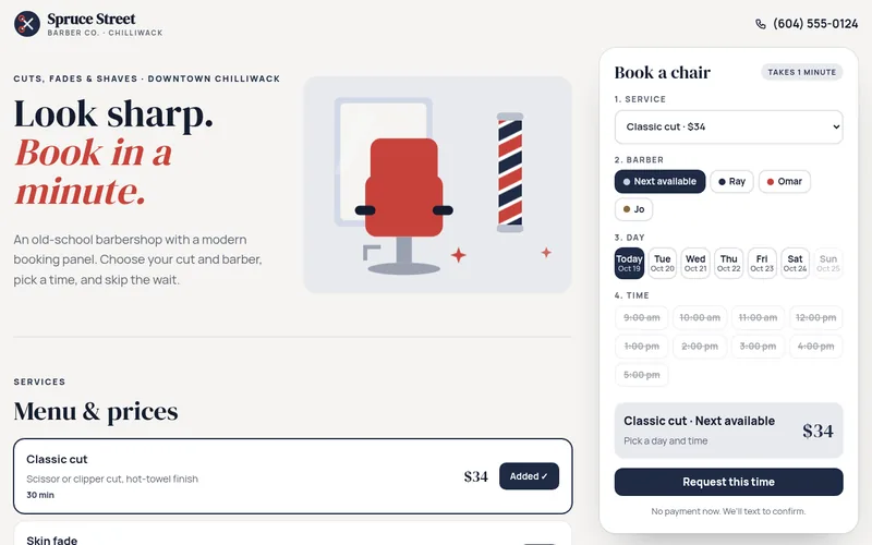 Preview of the Spruce Street Barber Co. sample website